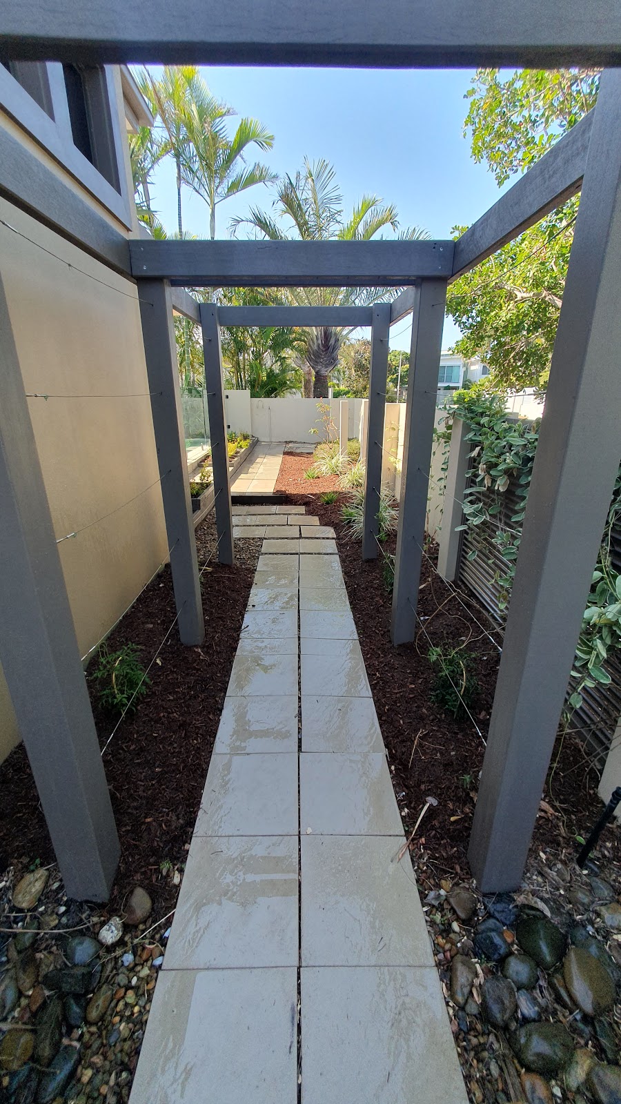 Paved path under a pergola with freshly mulched garden beds